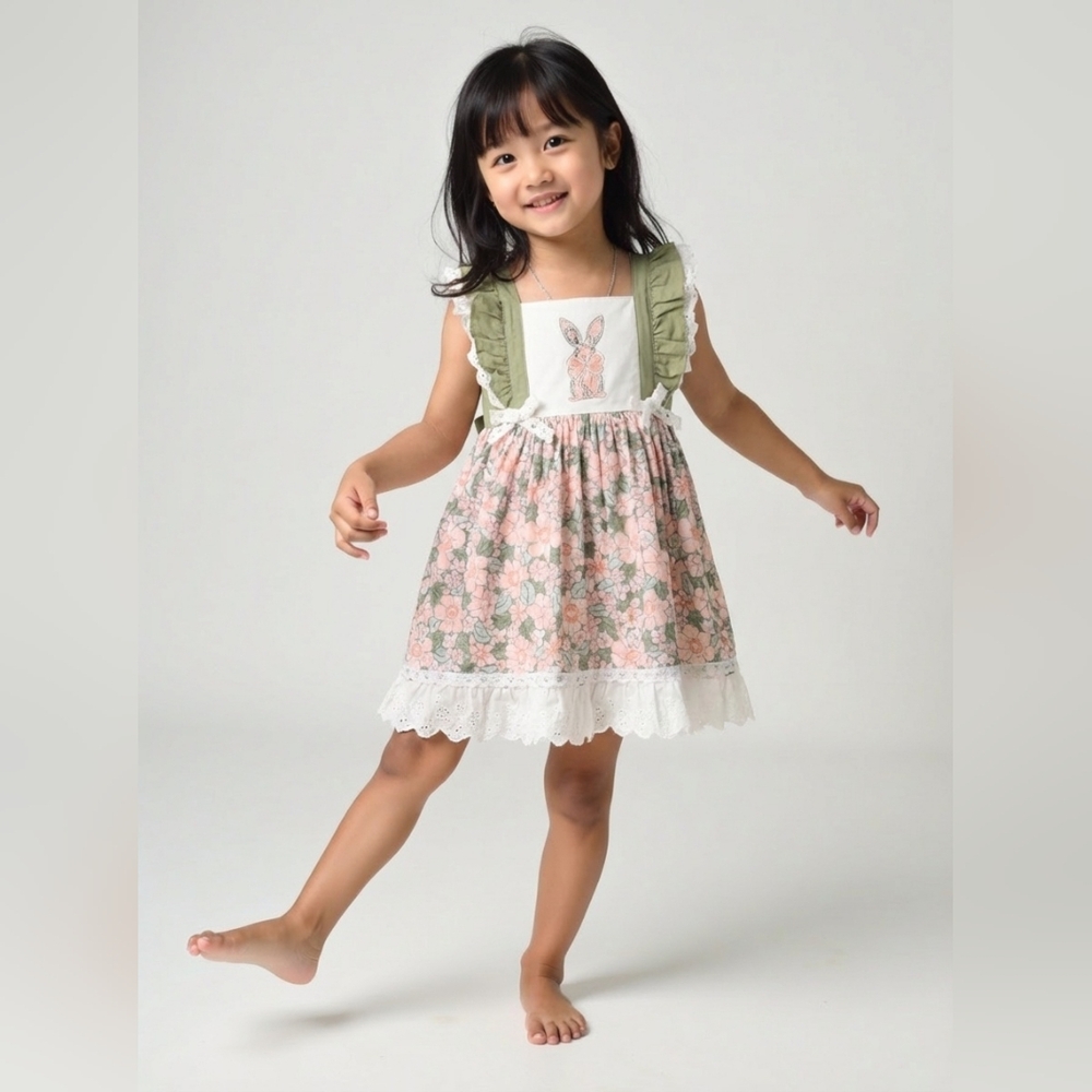 Marie Nicole Embroidered Floral Bunny Ruffle Dress Sz 4T